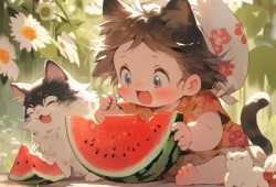 动漫男孩吃瓜头像图,动漫男孩的悠闲夏日时光